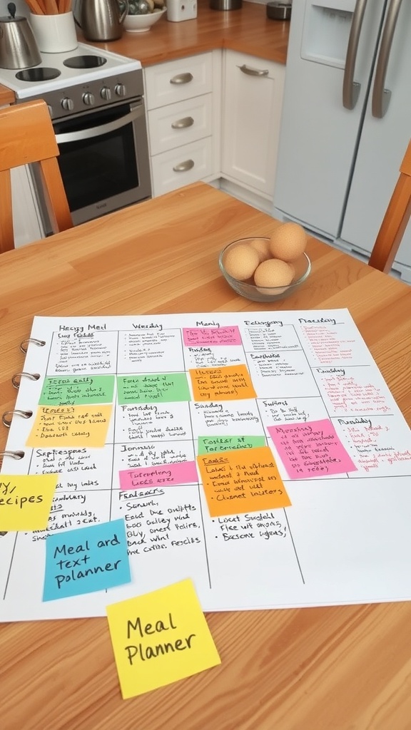 A colorful weekly meal planner with notes and recipes for healthy meals.