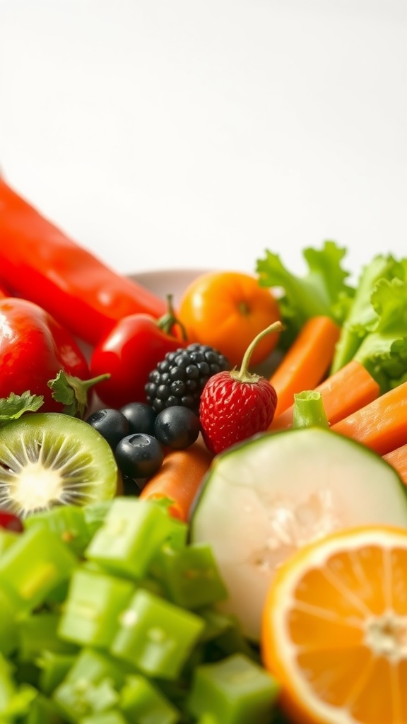 A variety of fresh fruits and vegetables on a plate, including strawberries, blueberries, kiwi, carrots, and cucumbers.