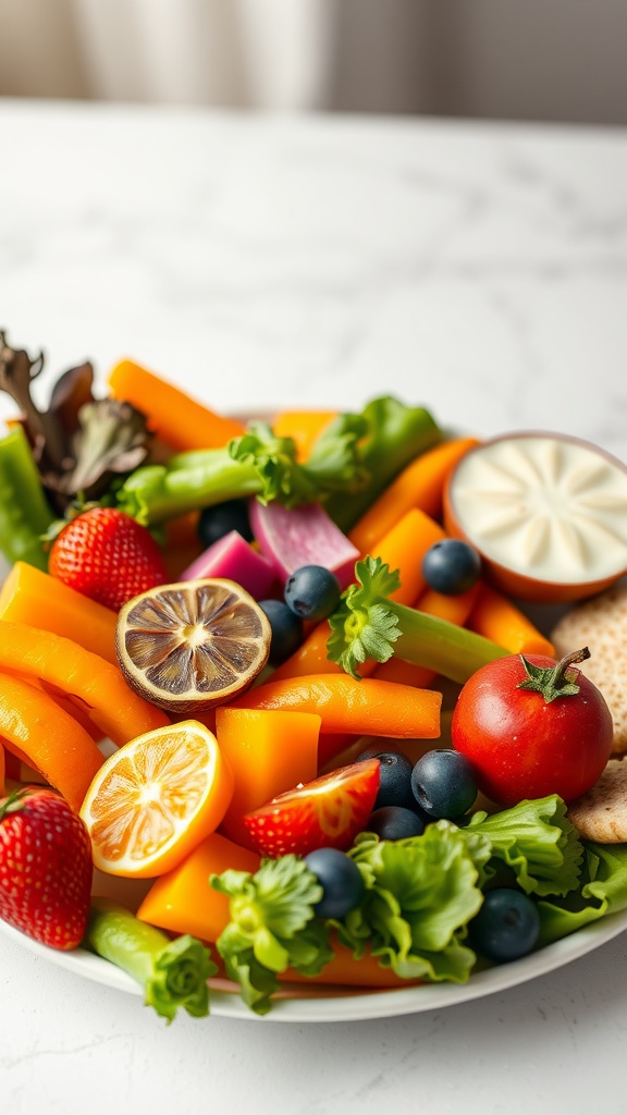 A vibrant platter filled with a variety of fresh fruits and vegetables.