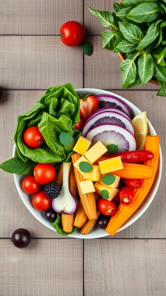 A bowl filled with a variety of fresh vegetables and fruits, including leafy greens, tomatoes, carrots, and berries, arranged on a wooden surface.