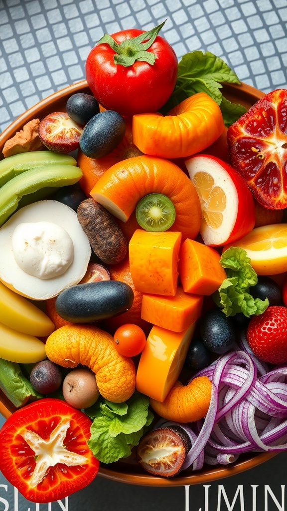 A vibrant bowl filled with colorful fruits and vegetables, showcasing healthy dietary options for skincare.