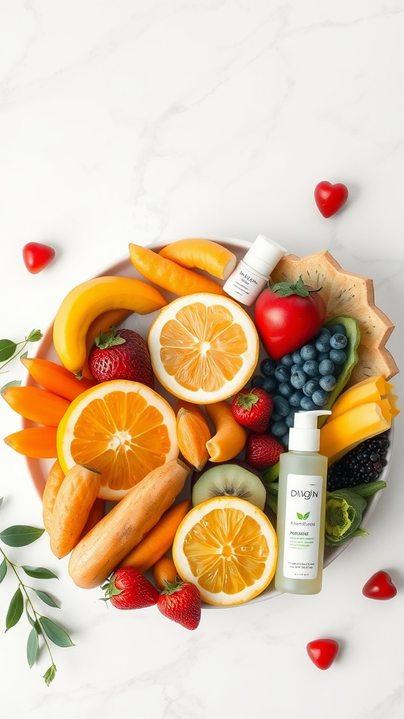 A vibrant plate of assorted fruits and vegetables, including bananas, oranges, strawberries, blueberries, and a skincare product.