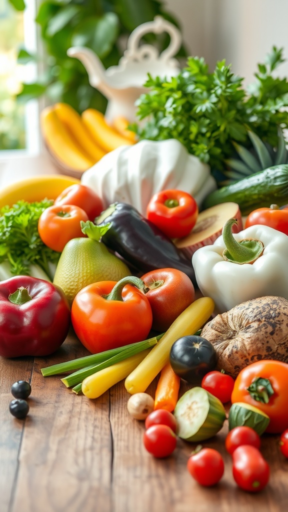 An assortment of fresh vegetables and fruits on a wooden surface, showcasing vibrant colors and textures.