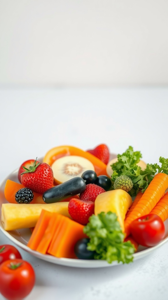 A colorful plate filled with various fruits and vegetables, including strawberries, carrots, and greens.