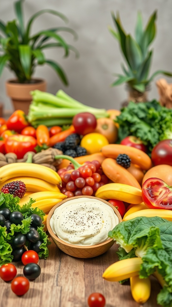 A colorful assortment of fresh fruits and vegetables including bananas, tomatoes, and leafy greens, with a bowl of creamy dip in the center.