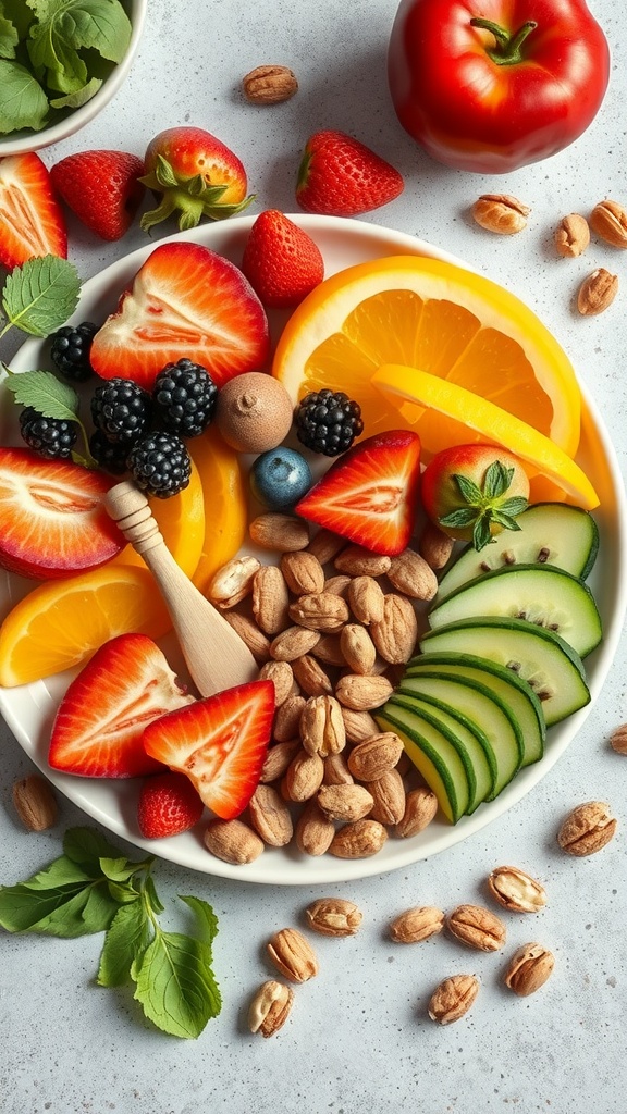 A vibrant plate filled with fresh fruits such as strawberries, oranges, and blackberries, along with nuts and cucumber slices, showcasing dietary support for healthy skin.