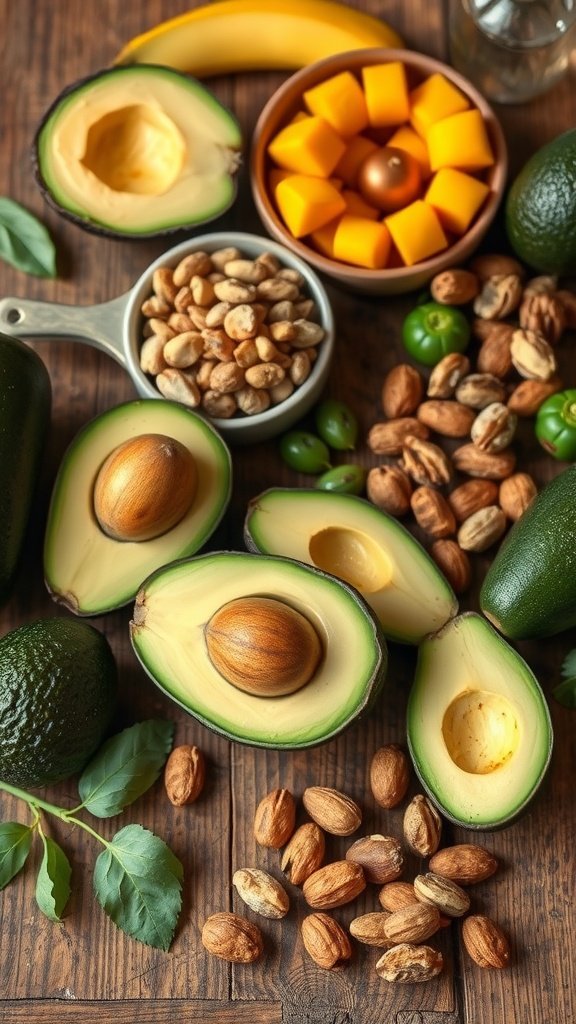 A colorful display of avocados, nuts, fruits, and seeds arranged on a wooden table, showcasing healthy food options for skincare.