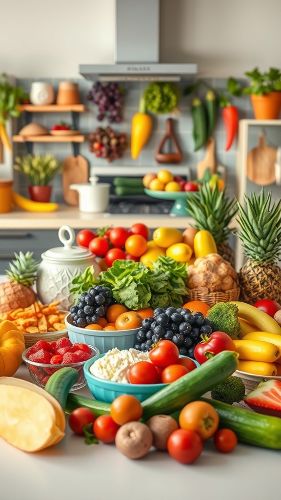 A colorful spread of fresh fruits and vegetables on a kitchen counter.