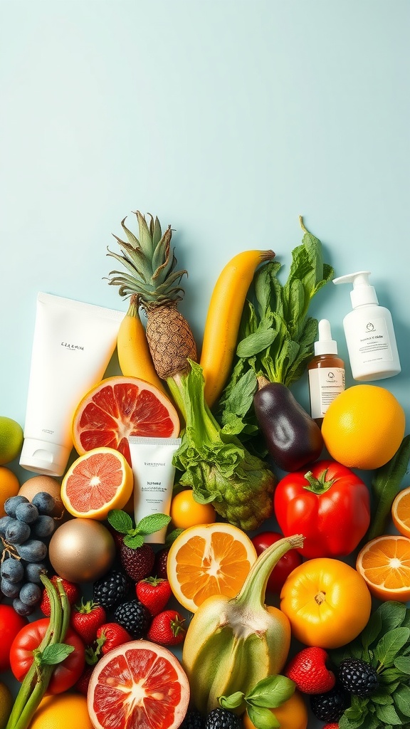 A colorful arrangement of fruits, vegetables, and skincare products representing the importance of diet in skincare.