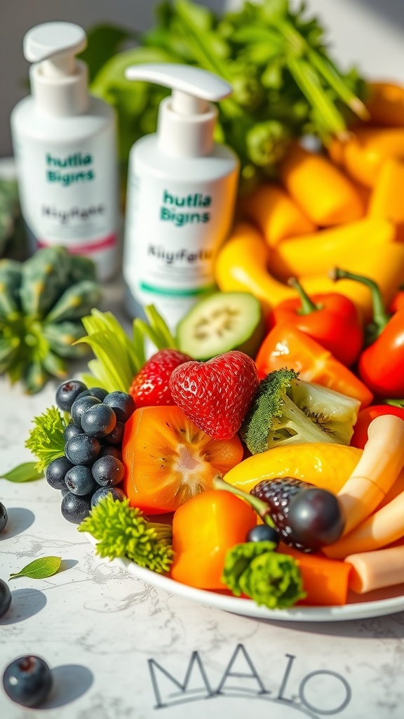 A vibrant assortment of fruits and vegetables on a plate, with skincare products in the background.