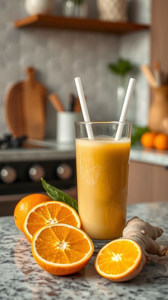 A refreshing smoothie made with oranges and ginger, served in a glass with two straws.