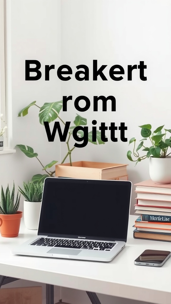 A clean workspace with a laptop, books, and plants, symbolizing a calming environment for digital detox.