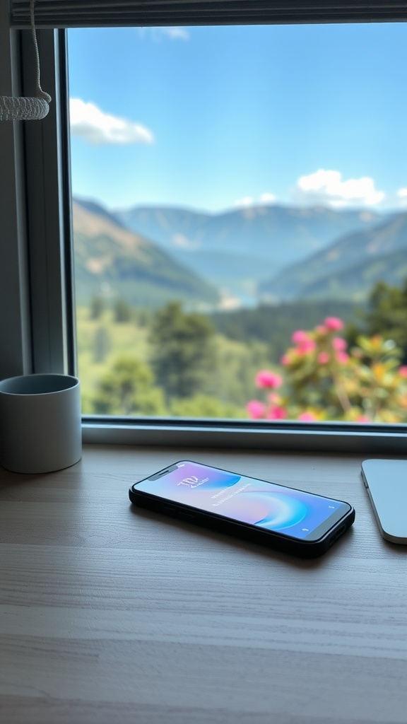 A phone on a wooden desk next to a white cup, with a view of mountains and flowers outside the window.