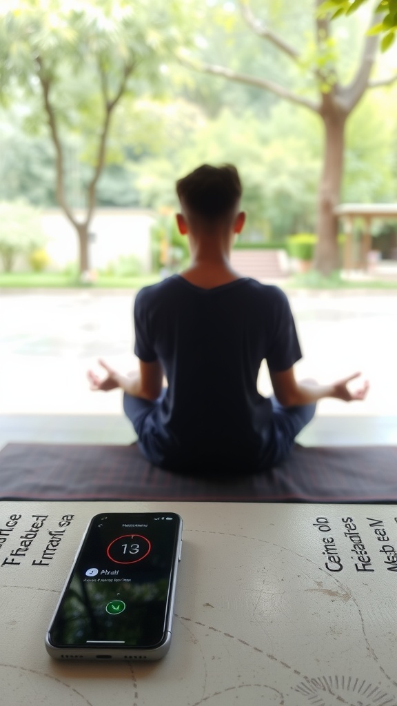 Person meditating in a serene environment with a smartphone timer set nearby.