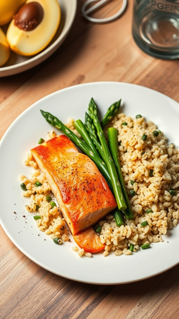 A healthy dinner plate featuring salmon, asparagus, and rice.