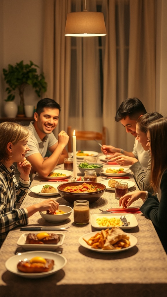 A family enjoying dinner together at a table filled with various dishes.