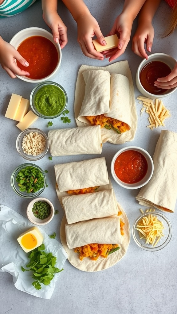 Kids and adults making DIY breakfast burritos with various ingredients.