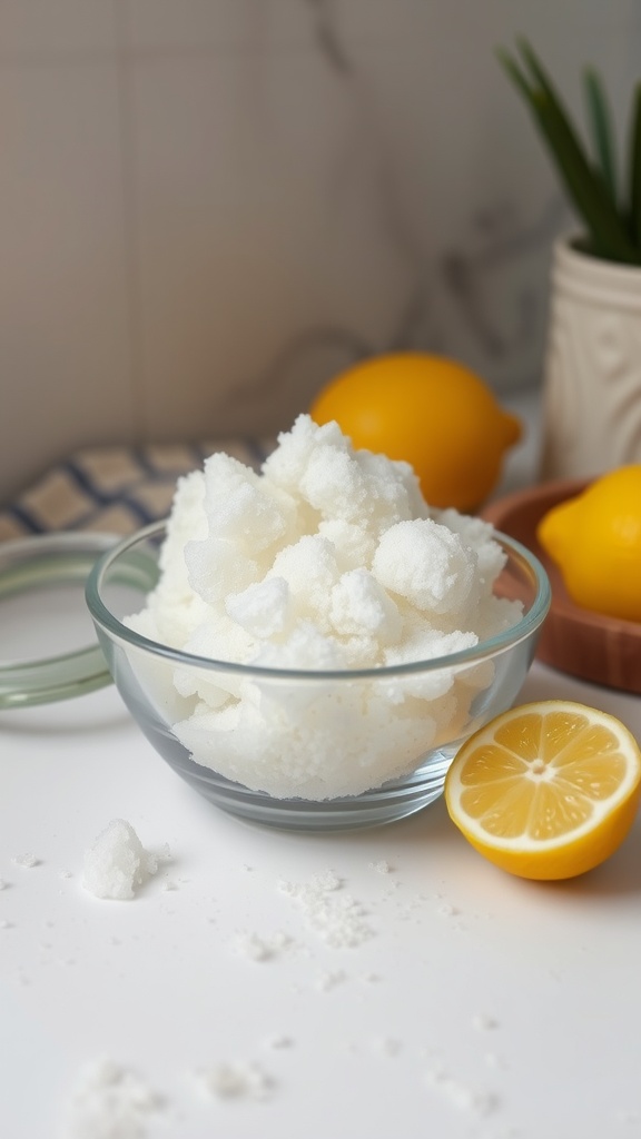 A bowl of white exfoliant with a lemon next to it, showcasing DIY skincare ingredients.