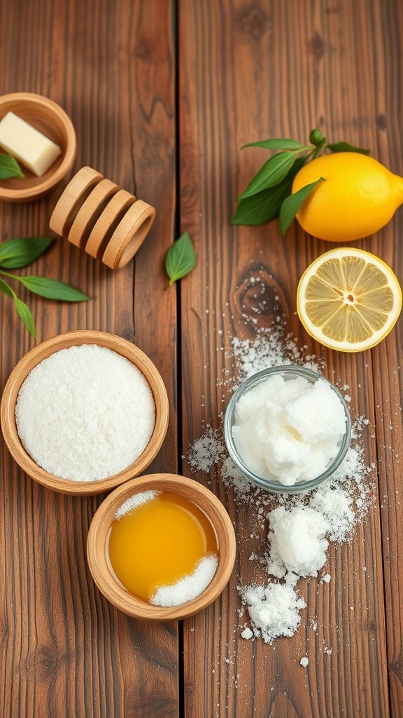 Ingredients for a DIY exfoliating scrub: sugar, lemon, egg yolk, and herbs on a wooden surface.