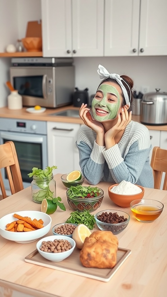 A woman with a green face mask smiles in a kitchen surrounded by fresh ingredients for DIY face masks.