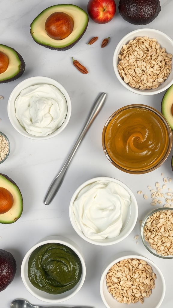 An assortment of natural ingredients for DIY face masks including avocados, apples, yogurt, honey, green clay, and oats.