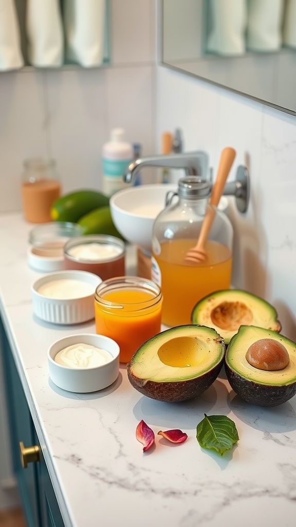 A bathroom countertop with ingredients for DIY face masks including avocados, honey, and yogurt.