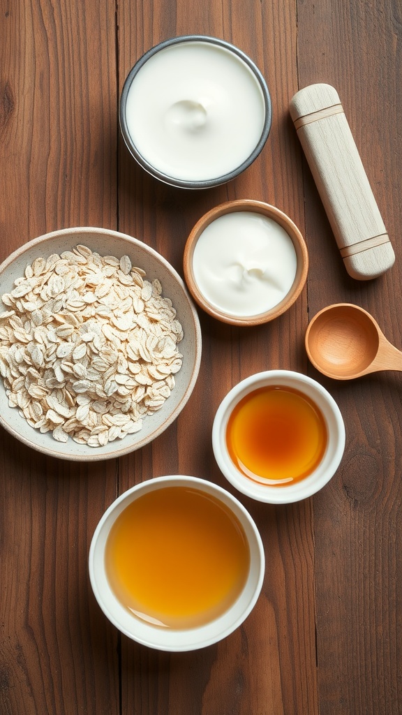 Ingredients for DIY face masks, including oats, yogurt, honey, and oils on a wooden surface.