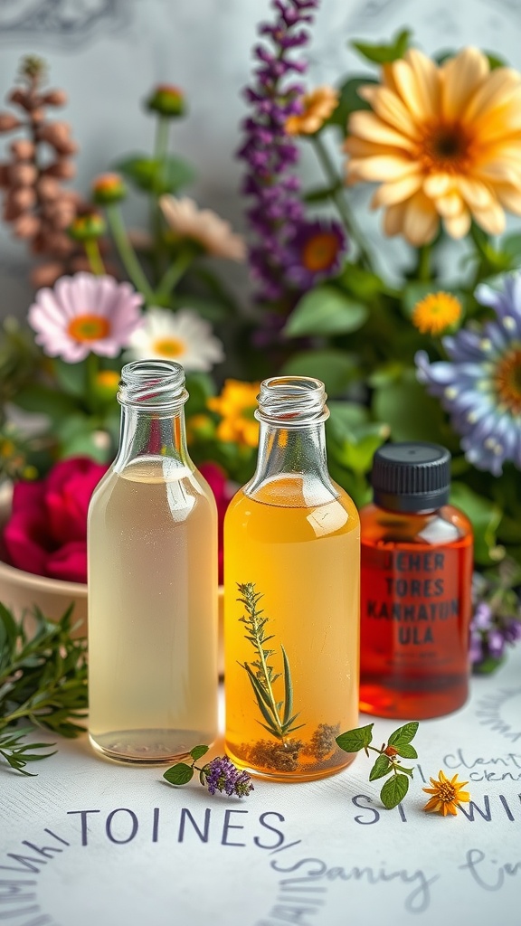 Bottles of herbal toners surrounded by colorful flowers