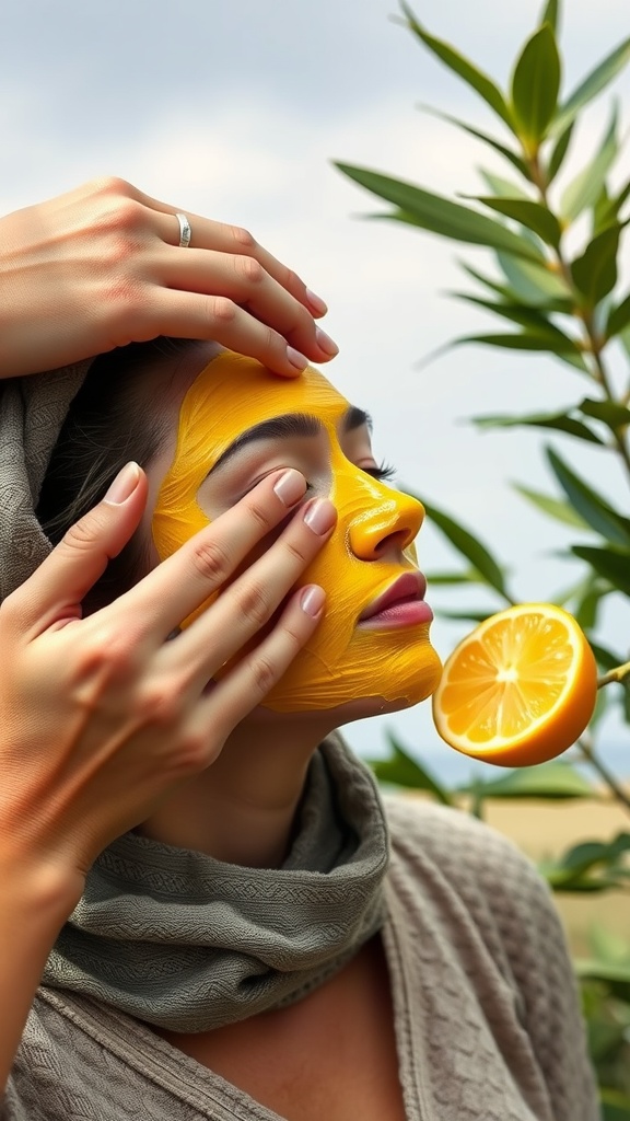A woman applying a honey and lemon face mask with a lemon slice beside her.