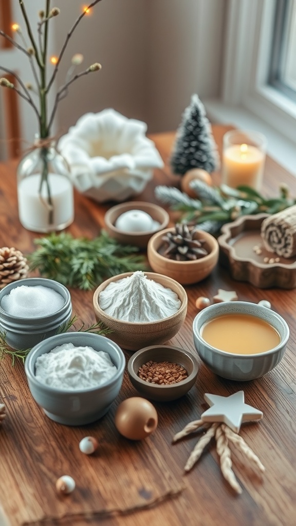 A cozy setup with bowls of ingredients for DIY hydrating masks, including powders and liquids, along with decorative elements like pinecones and candles.
