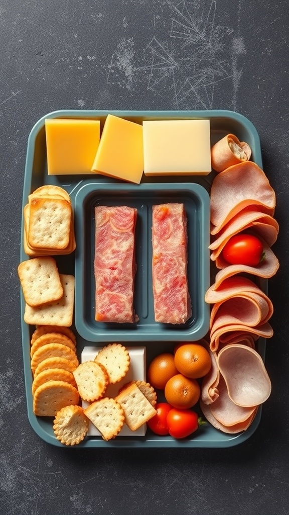 A colorful tray filled with cheese, crackers, deli meats, cherry tomatoes, and mandarins for a DIY Lunchable.