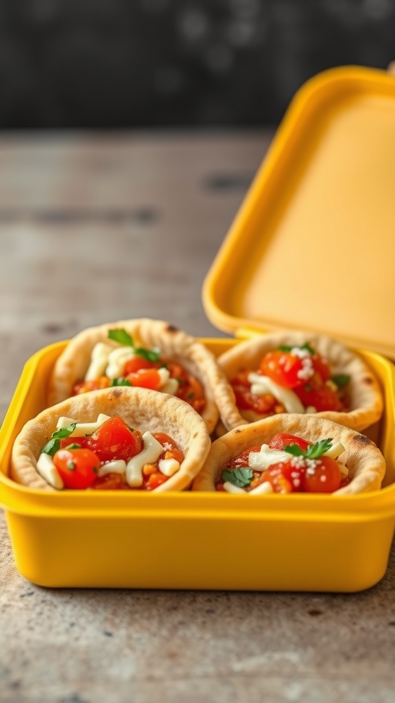 Mini pita pizzas in a yellow lunchbox