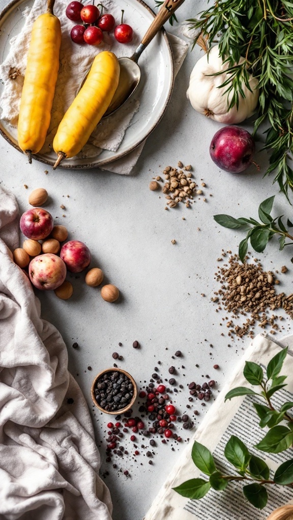 A variety of ingredients for DIY face masks, including fruits, nuts, and herbs, arranged artistically on a gray surface.