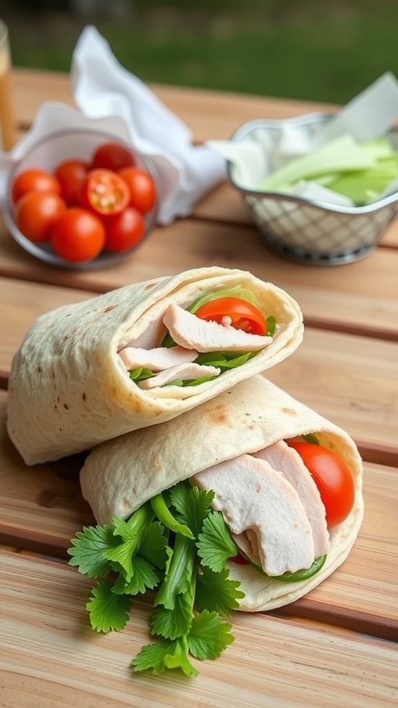 Pita bread sandwiches filled with vegetables and turkey slices on a wooden table.