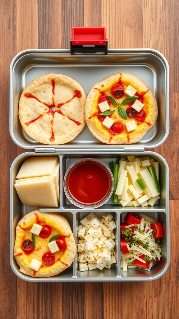 A DIY pizza kit featuring mini pita breads, pizza sauce, mozzarella cheese, pepperoni, and assorted toppings.