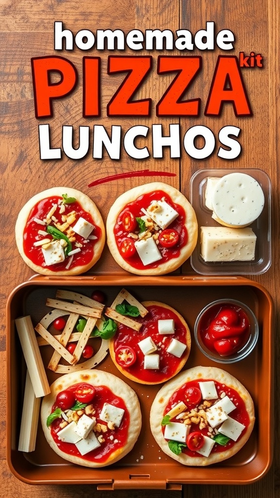 Homemade pizza kit with mini pizza crusts, sauce, and toppings.