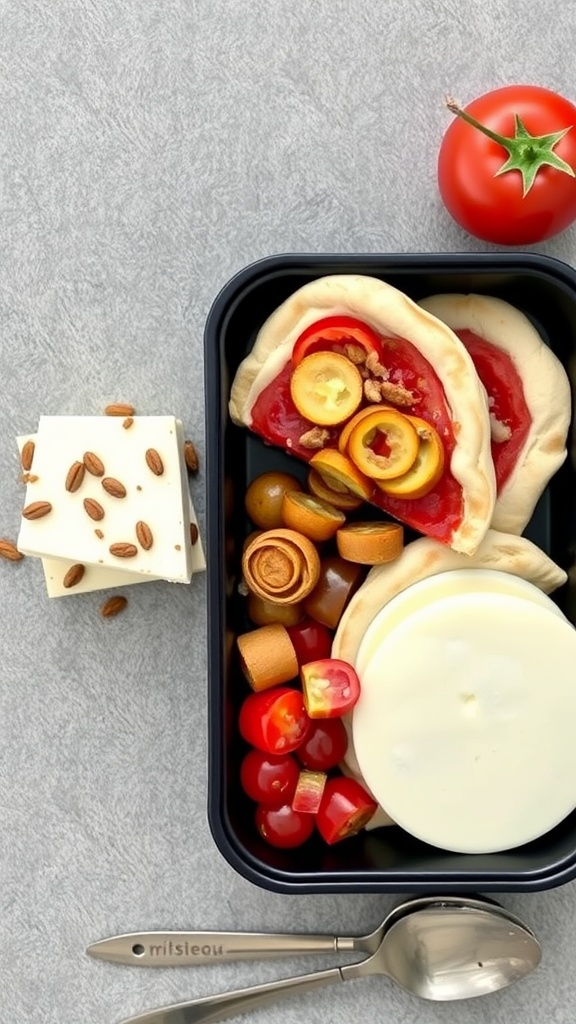 A variety of ingredients for DIY Pizza Lunchables, including pizza dough, sauce, cheese, and toppings.