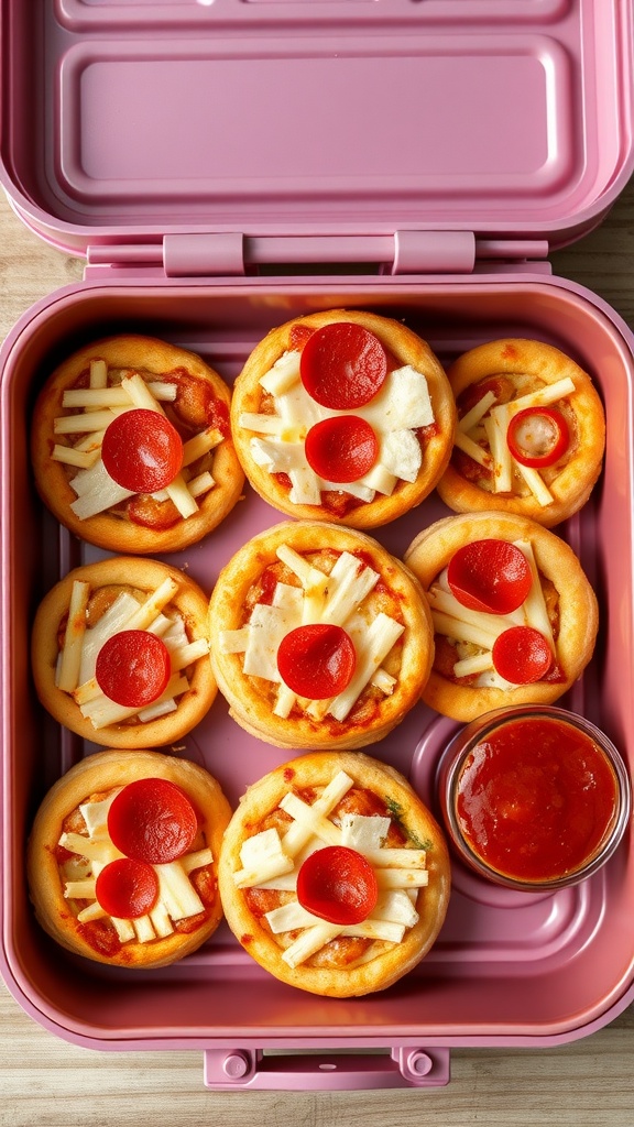 A colorful lunchbox filled with DIY pizza lunchables featuring mini pizzas with various toppings and a side of pizza sauce.