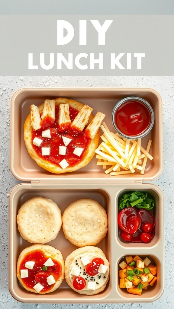 A DIY pizza lunch kit with mini pizza bases, sauce, cheese, pepperoni, fries, and veggies.