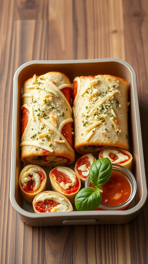 A delicious serving of DIY Pizza Roll-Ups with melted cheese and pepperoni, served with a side of pizza sauce.