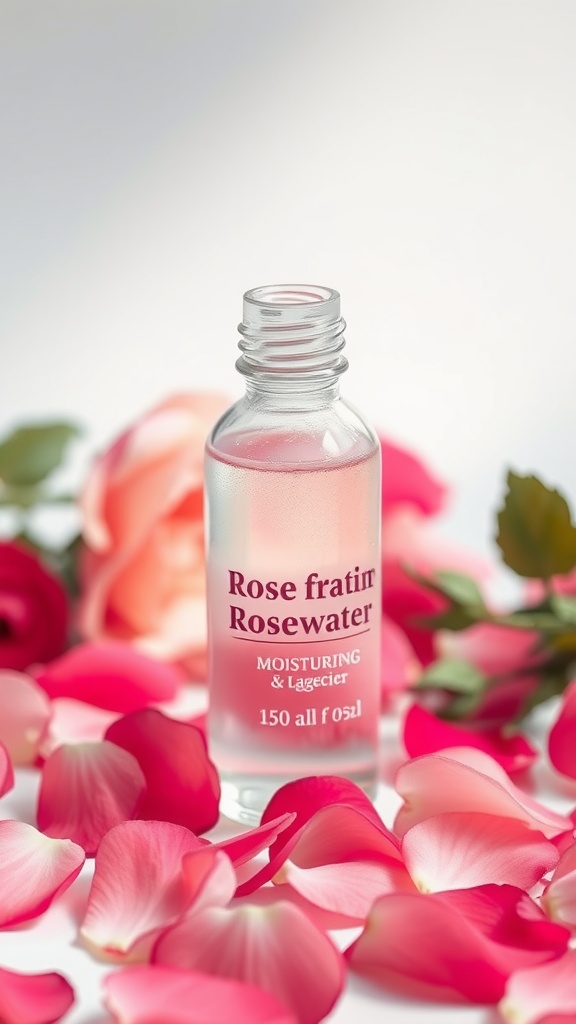 A bottle of rosewater surrounded by rose petals, symbolizing a DIY moisturizer.
