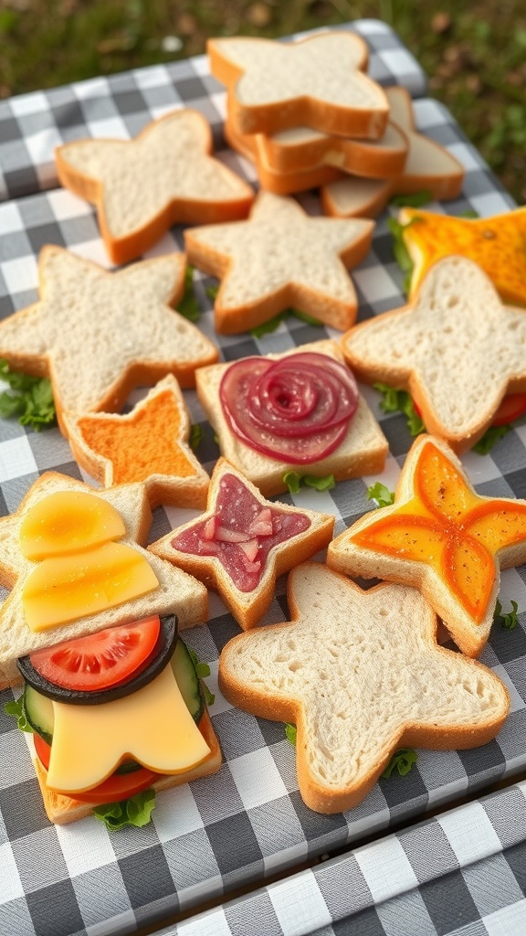 Colorful sandwiches cut into fun shapes on a checkered tablecloth.