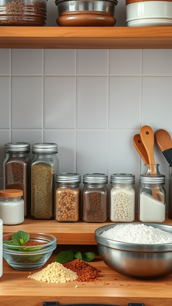 A well-organized spice shelf with various jars and containers filled with spices and herbs.