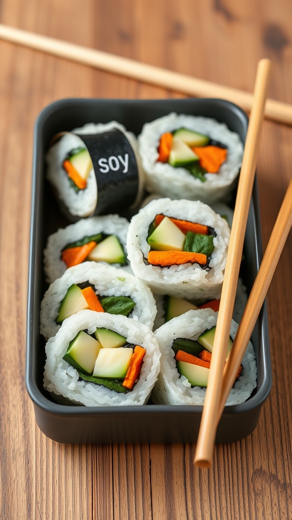 A box of colorful DIY sushi rolls filled with cucumber and carrot.