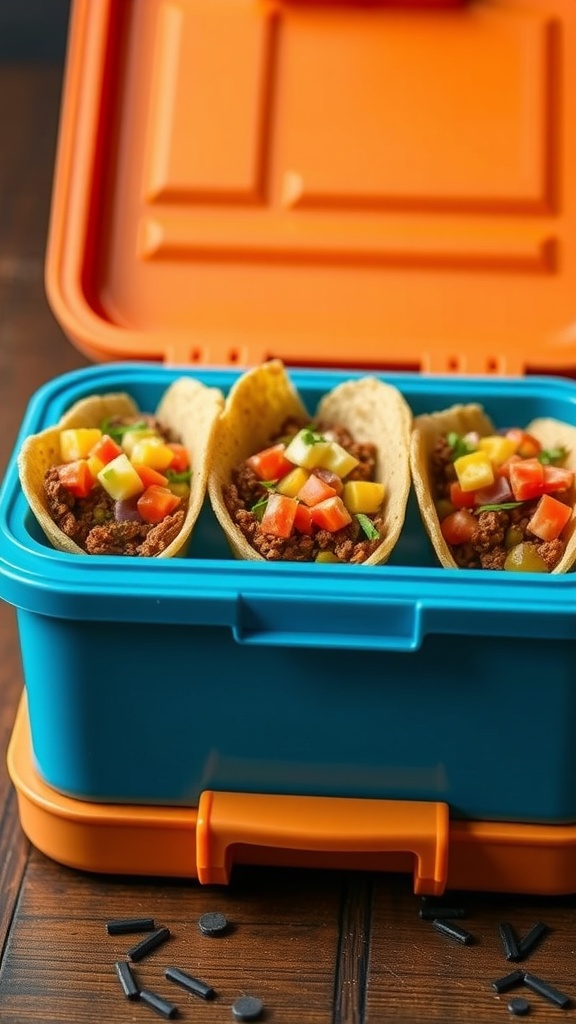 Colorful taco cups with various toppings in a lunchbox