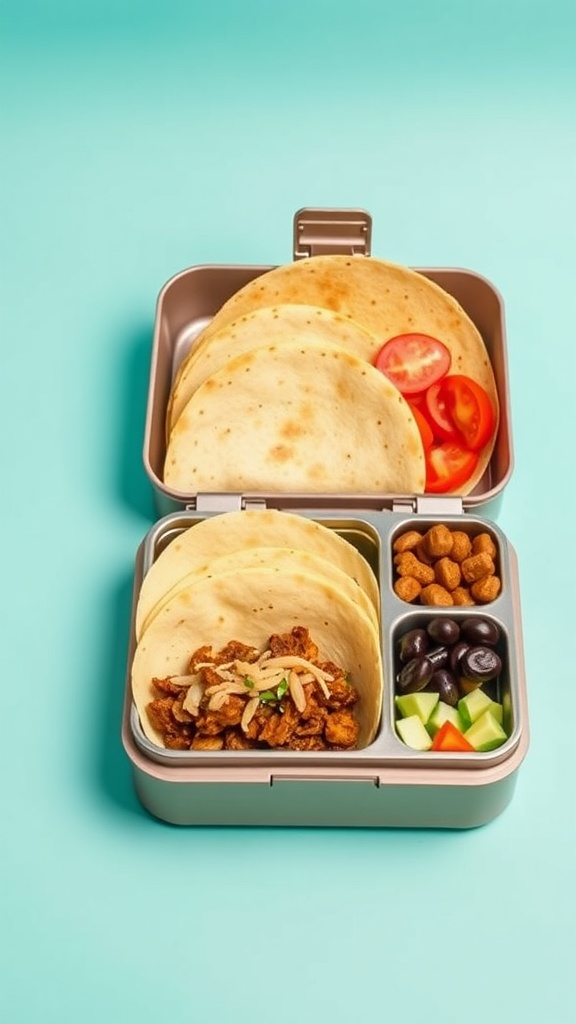 A DIY taco kit with tortillas, shredded meat, and fresh toppings in a lunchbox.