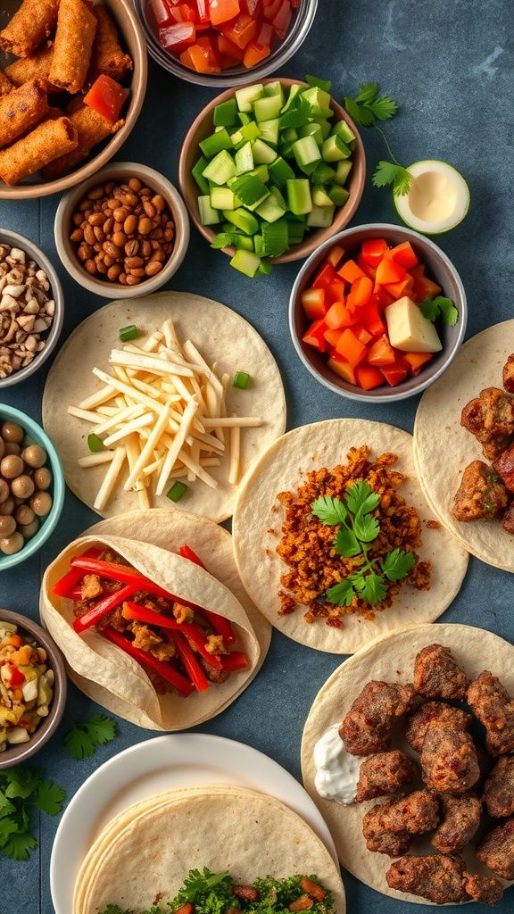 A spread of taco fixings including tortillas, meat, and various toppings