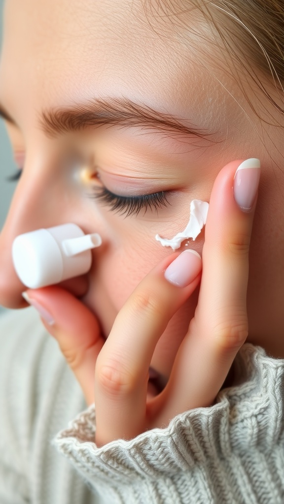A close-up of a person applying eye cream to their under-eye area.