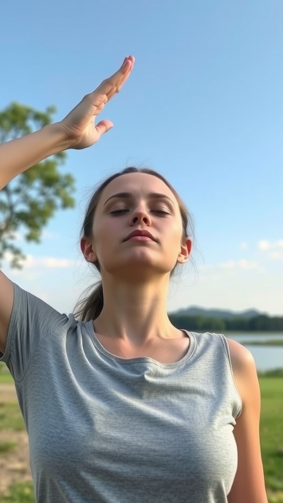 A person performing the Double Chin Reducer Posture in a serene outdoor setting.