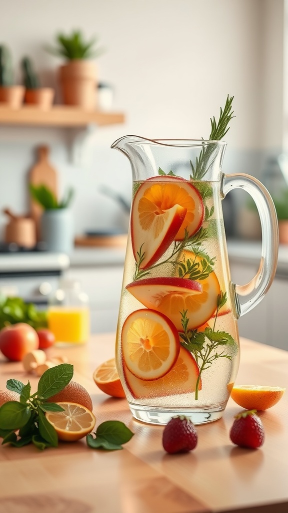 A pitcher of fruit-infused water with slices of lemon, apple, and herbs on a wooden counter in a kitchen.